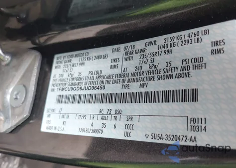 2018 Ford Escape Se z USA, uszkodzony, nr VIN 1FMCU9GD8JUD06450